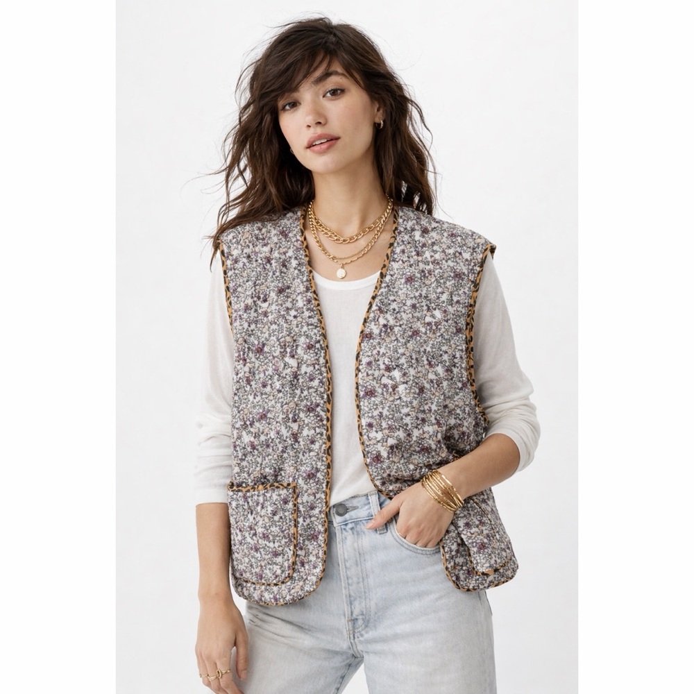 POL Quilted Floral Leopard Lined Vest